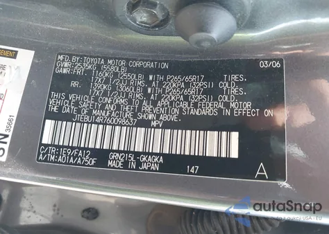 2006 Toyota 4Runner Sr5/Sport z USA, uszkodzony, nr VIN JTEBU14R760098637